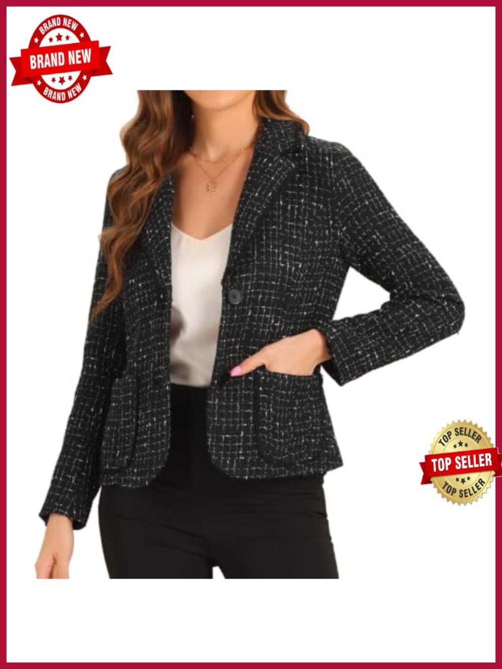 Tweed Plaid Blazer Notch Lapel Button Front Business Casual Jacket